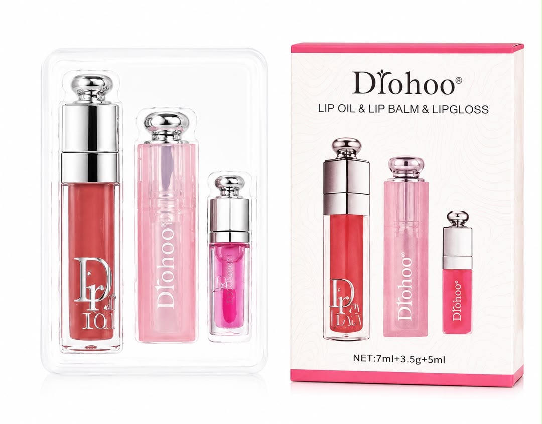 پک ۳ عددی لیپ گلاس و بالم لب Drohoo طرح دیور Dior | شامل لیپ گلاس و بالم لب، آبرسان و نرم‌کننده، براق‌کننده لب، بافت سبک، جلوه طبیعی و مناسب استفاده روزانه